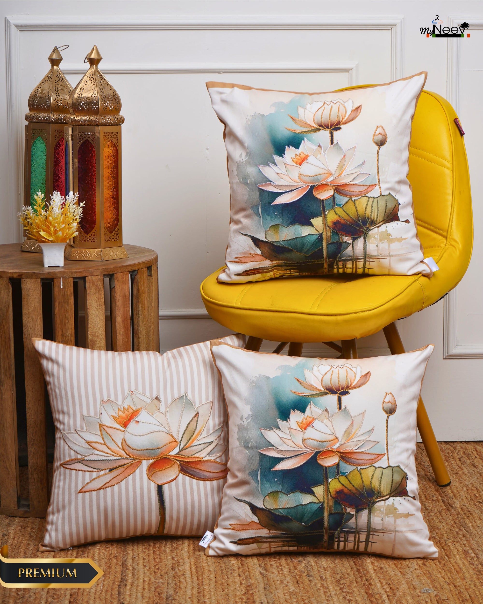 Set Of 3 Digital Printed & Embroidered Lotus Canvas Cushion Cover