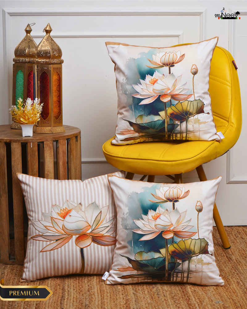Set Of 3 Digital Printed & Embroidered Lotus Canvas Cushion Cover