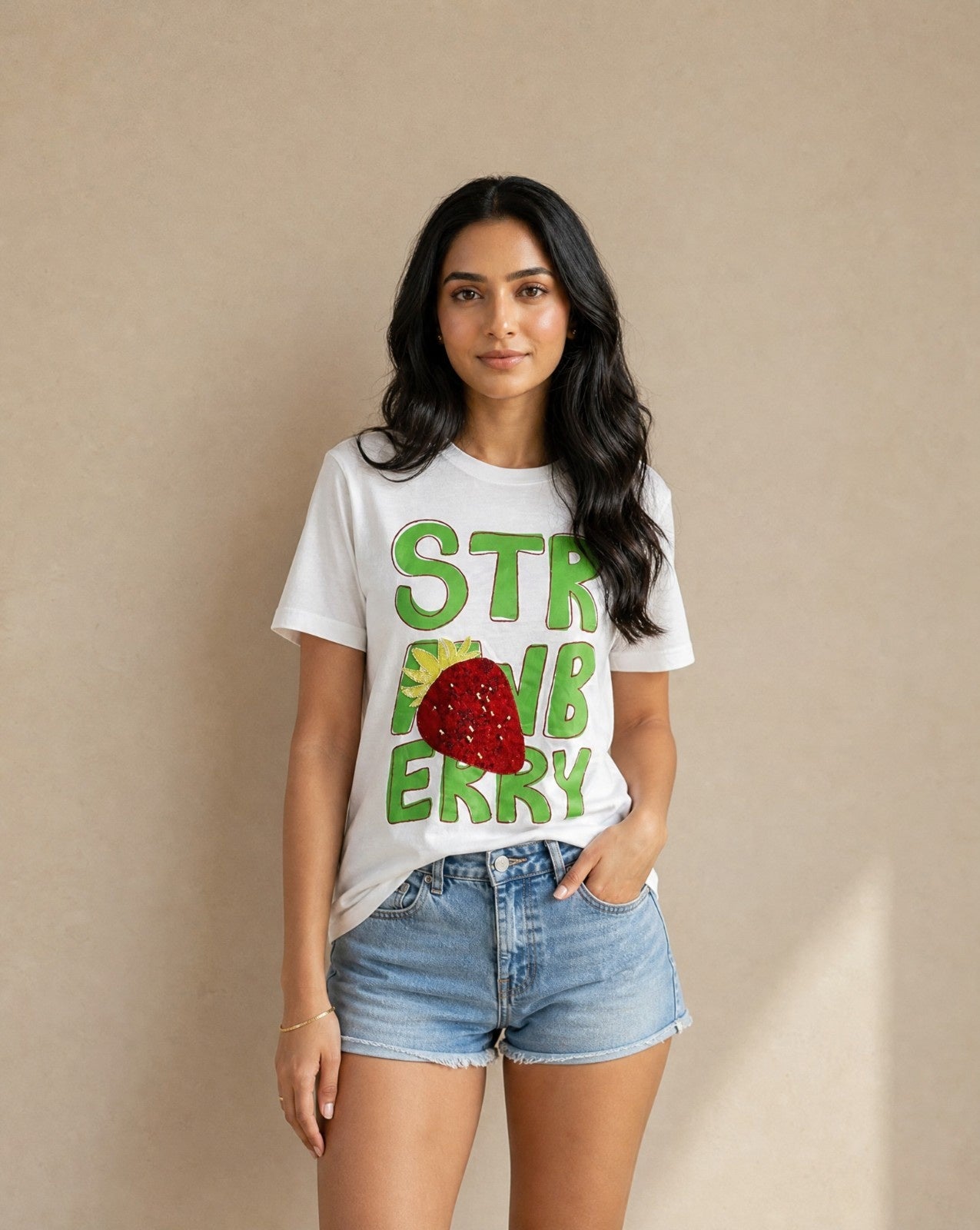 Women Crystal Strawbery Cotton T-shirt