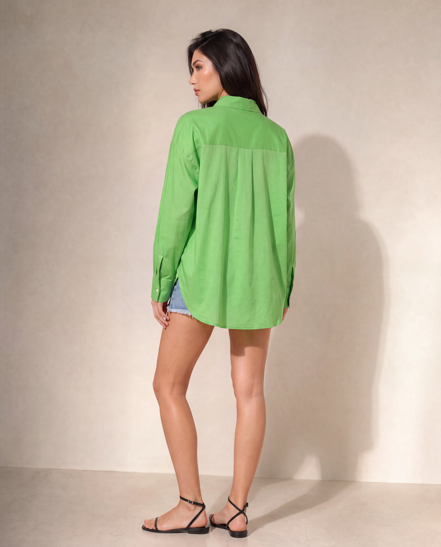 Woman Cotton  Satin Oversized Green Artwork Embroidered  Shirt