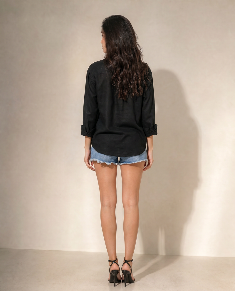 Woman Cotton  Satin Oversized Black Artwork Embroidered  Shirt