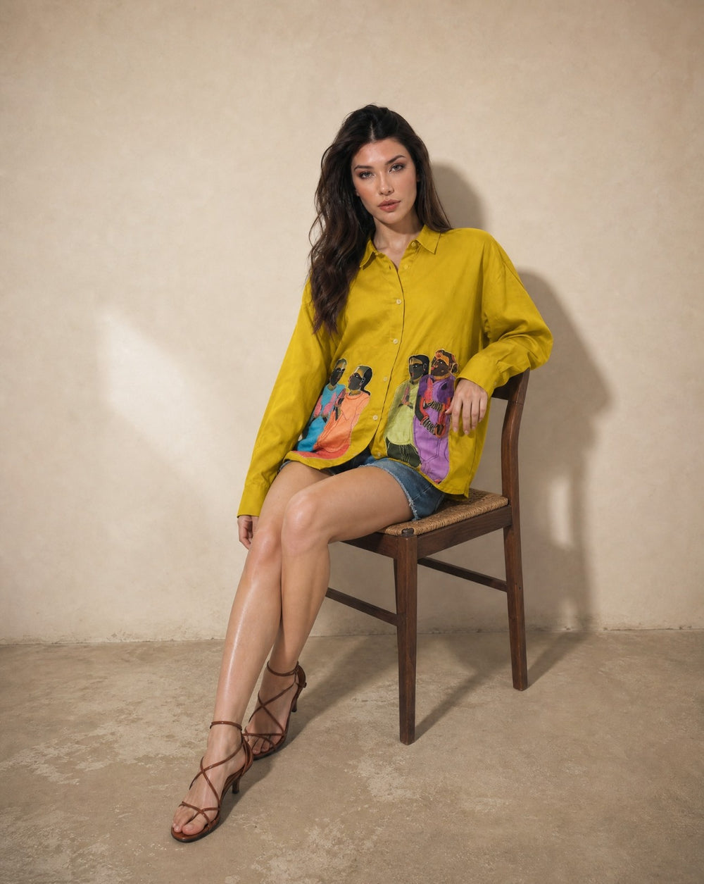 Woman Cotton  Satin Oversized Artwork Embroidered  Shirt