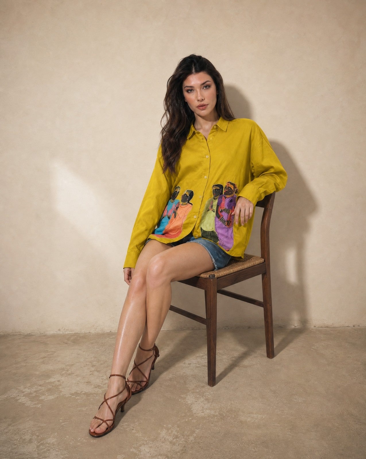 Woman Cotton  Satin Oversized Artwork Embroidered  Shirt