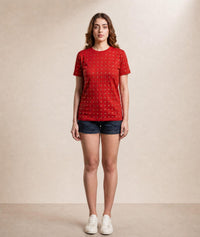 Crystal Embellished Round Neck Cotton Regular T-shirt