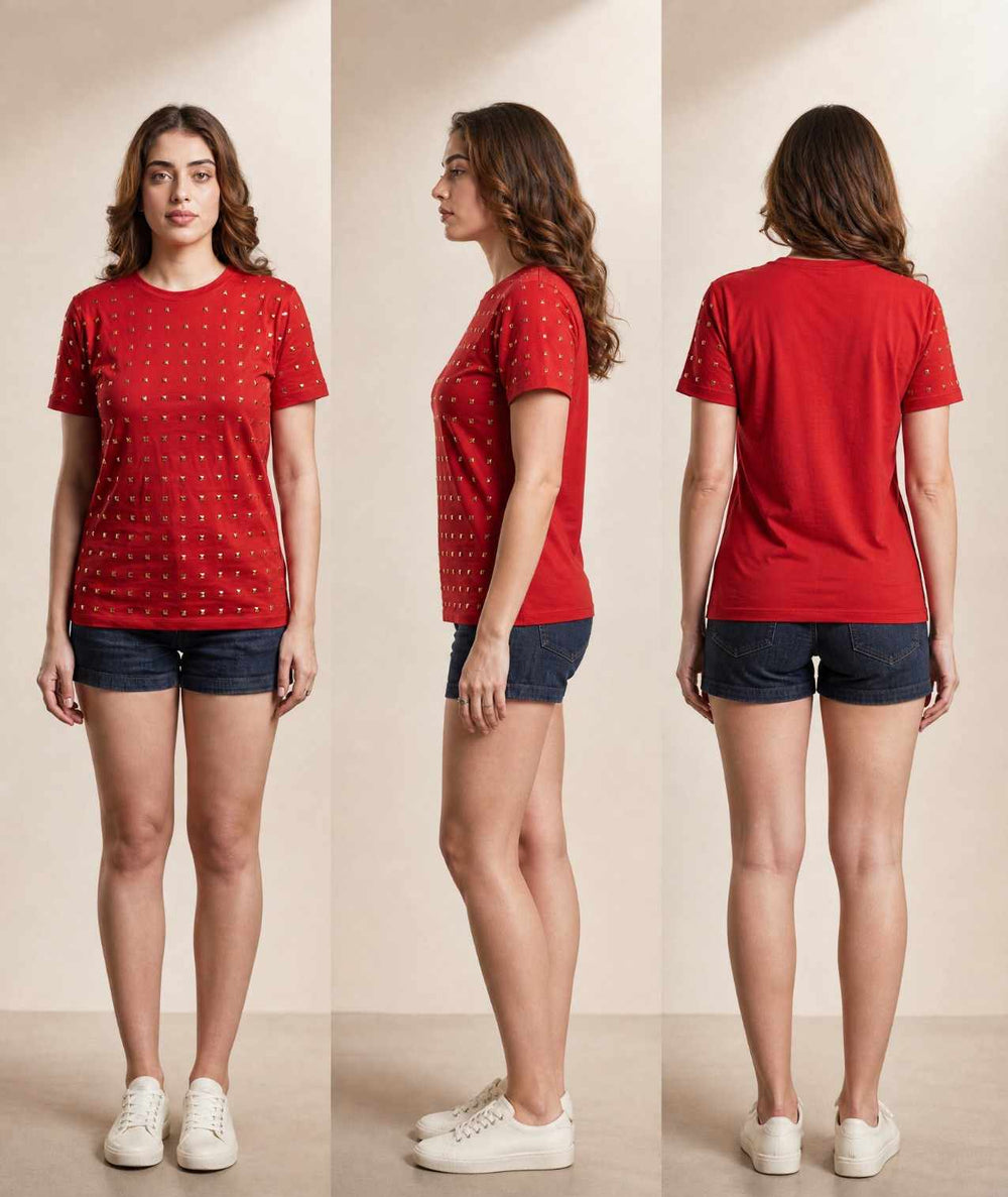 Crystal Embellished Round Neck Cotton Regular T-shirt