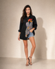 Woman Cotton  Satin Oversized Black Artwork Embroidered  Shirt