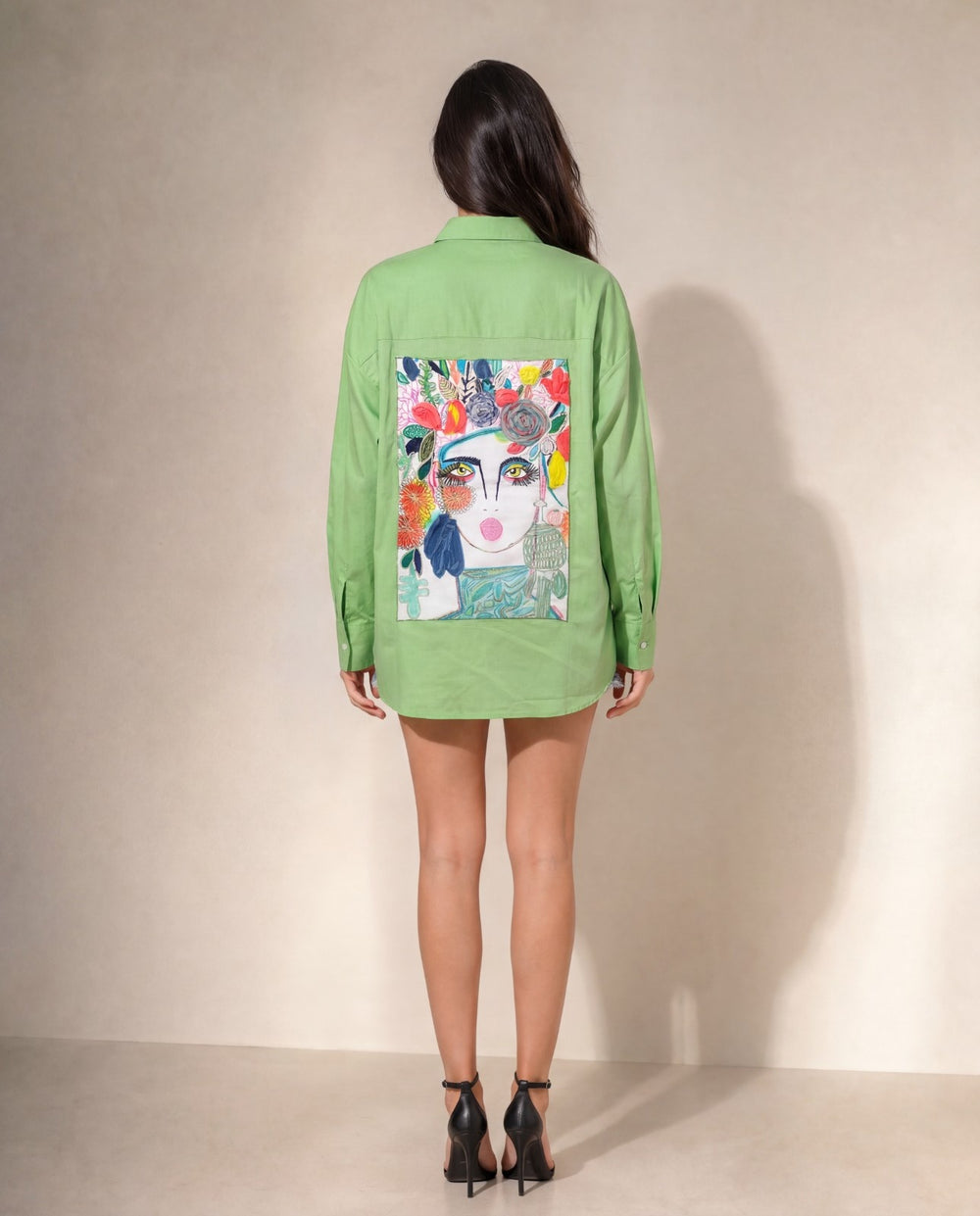 Woman Cotton  Satin Parrot Green Oversized  Artwork Embroidered  Shirt