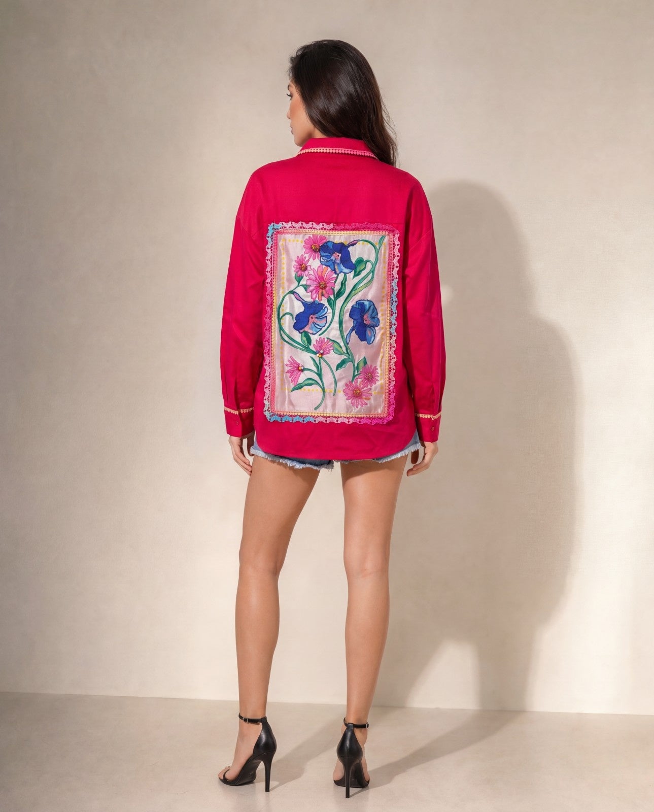 Woman Cotton  Satin Oversized Pink Artwork Embroidered  Shirt