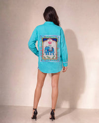 Woman Cotton  Satin Oversized Blue Artwork Embroidered  Shirt