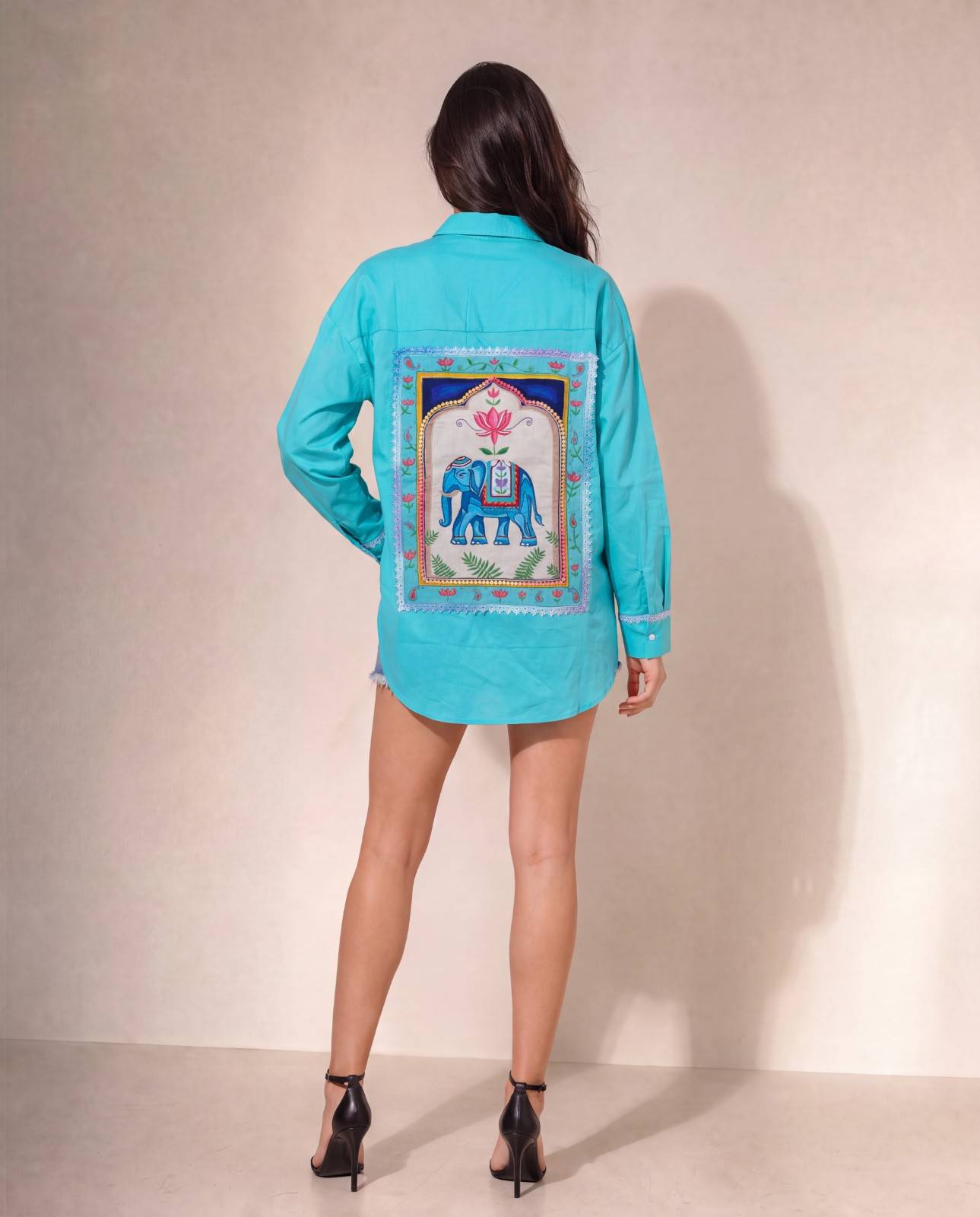 Woman Cotton  Satin Oversized Blue Artwork Embroidered  Shirt