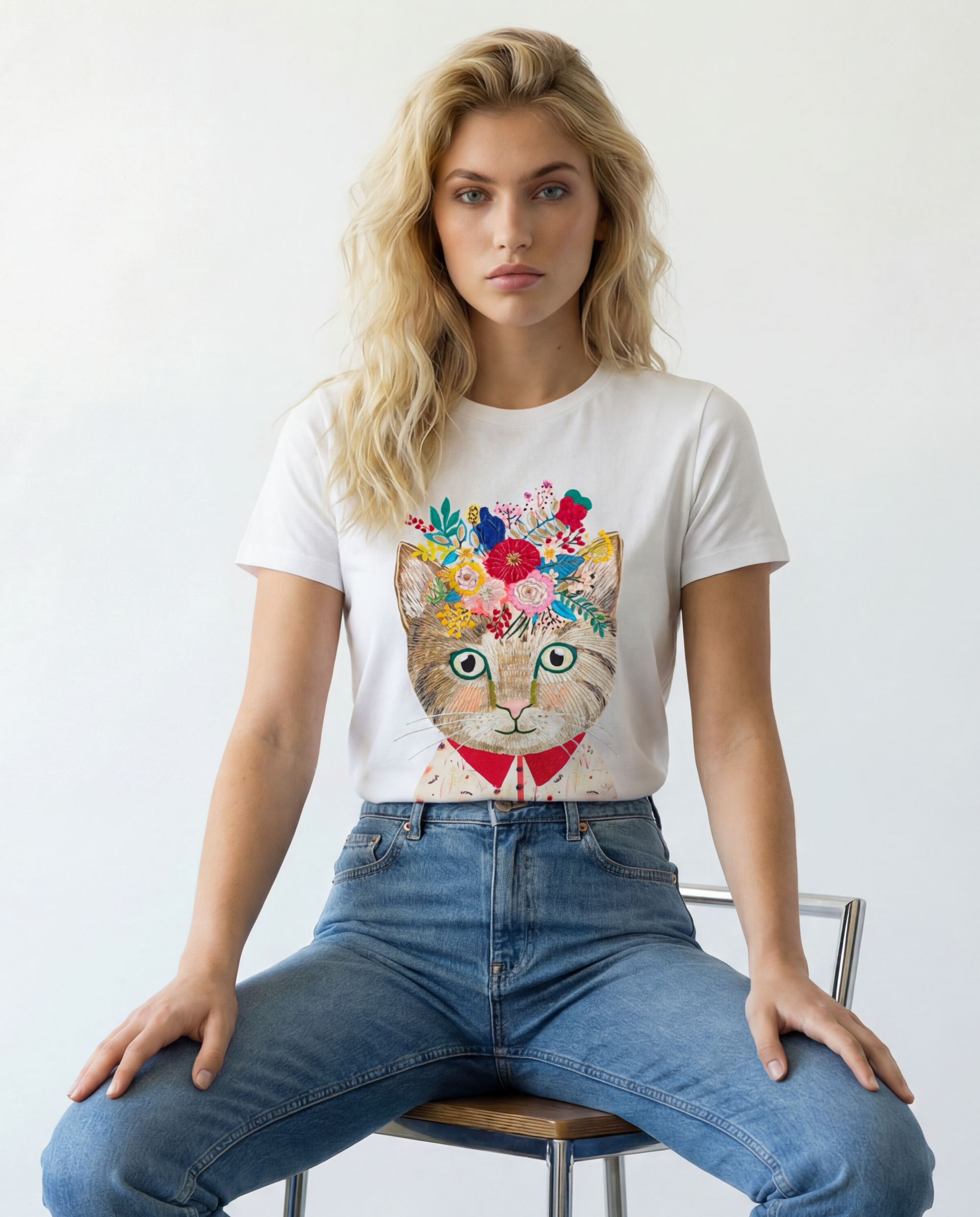 Woman Cat Artwork Printed Cotton T-shirt