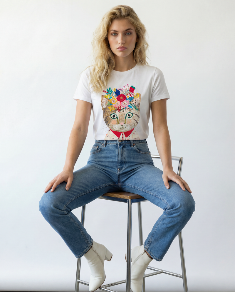 Women Cat Artwork Printed Cotton T-shirt