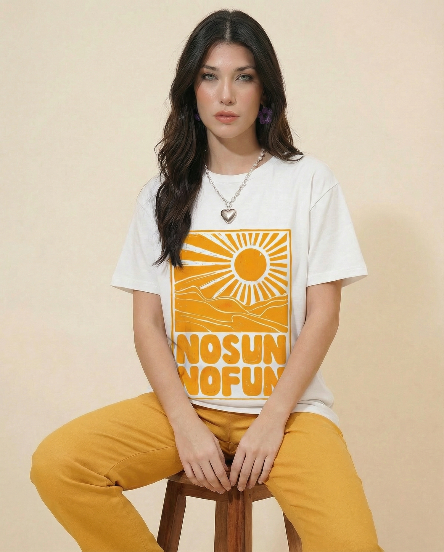 Woman No Sun No Fun Printed Cotton T-shirt