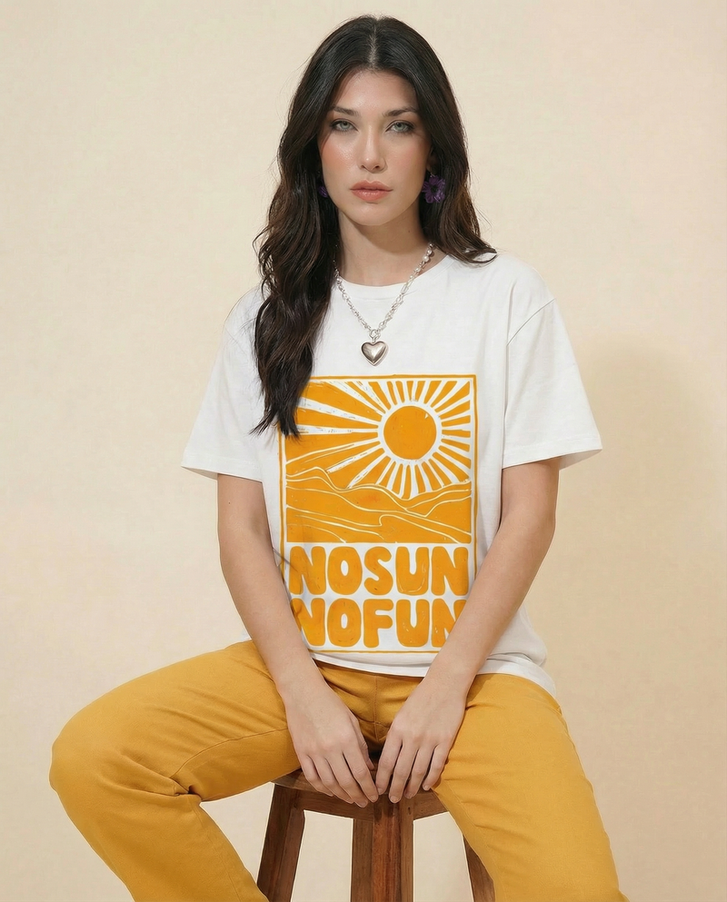 Women No Sun No Fun Printed Cotton T-shirt