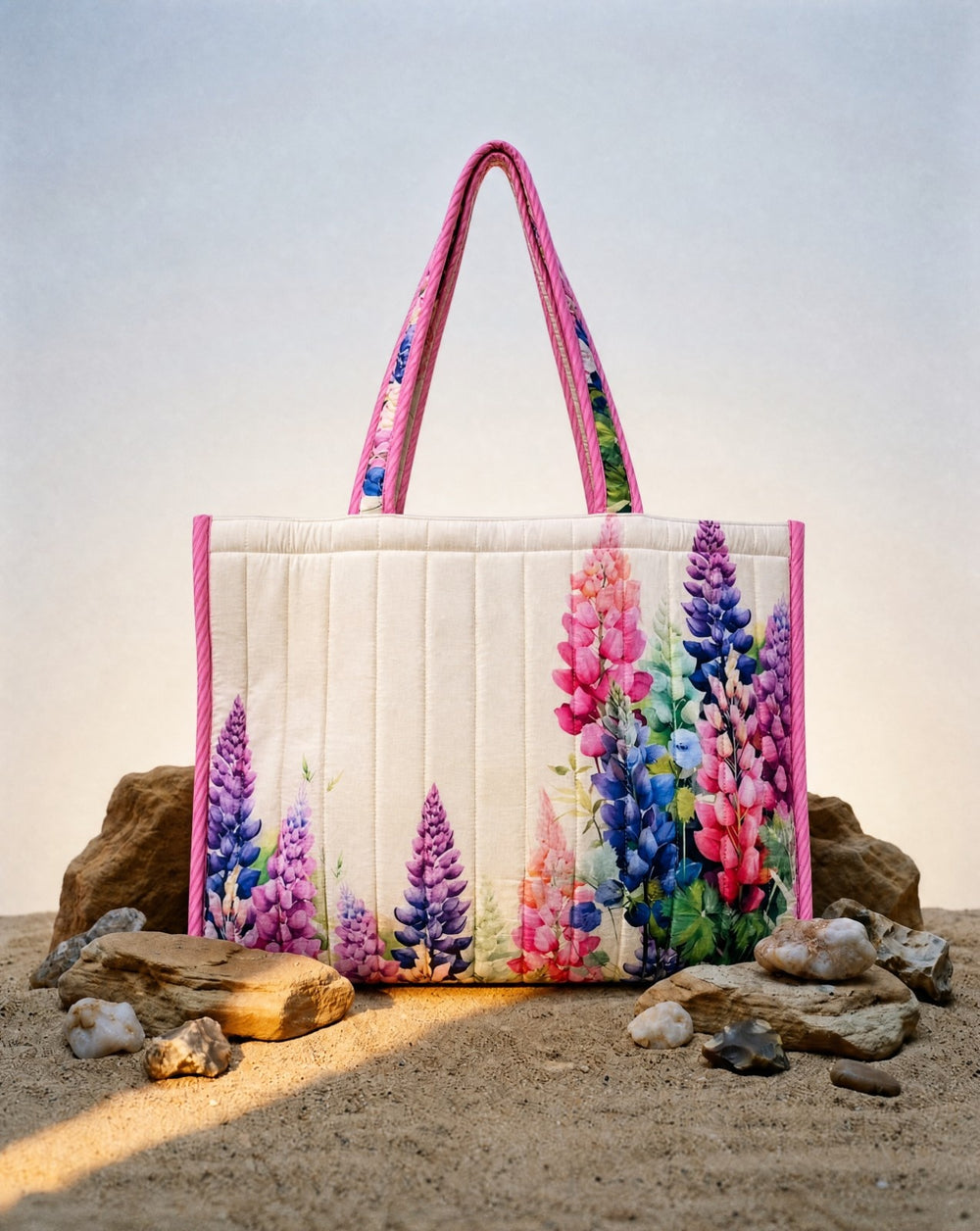 Beige Cotton Printed Tote Bag