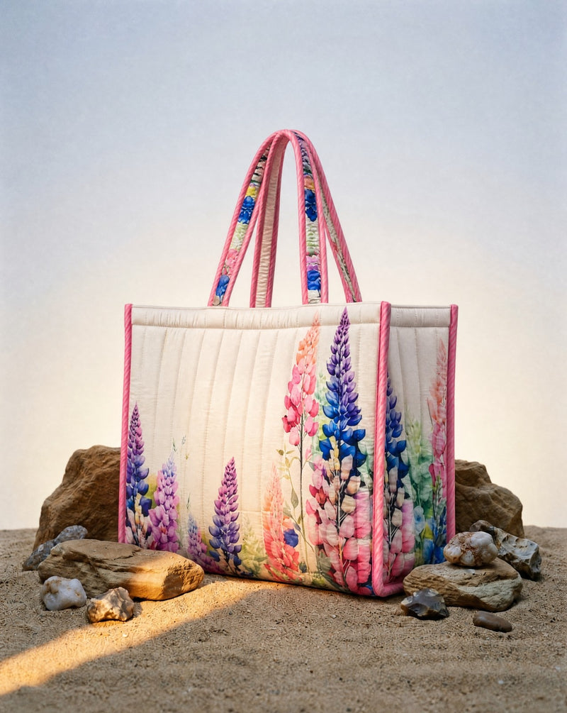 Beige Cotton Printed Tote Bag
