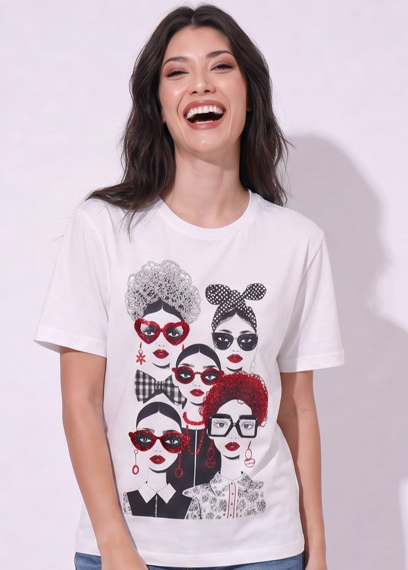 Women Hand-Embroidered  and Crystal Worked  Canvas Faces Cotton T-shirt