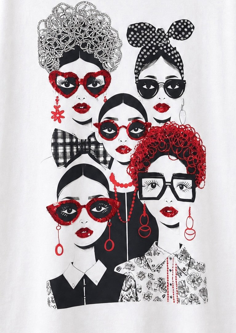 Women Hand-Embroidered  and Crystal Worked  Canvas Faces Cotton T-shirt