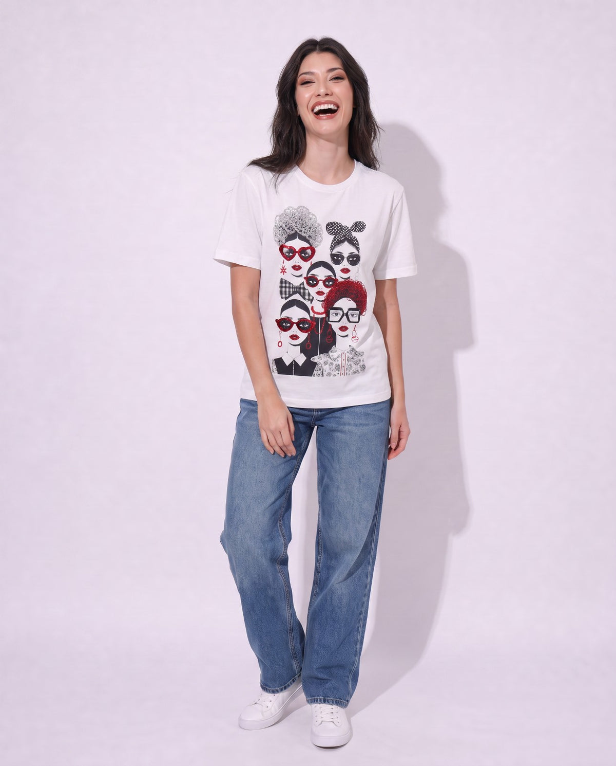 Women Hand-Embroidered  and Crystal Worked  Canvas Faces Cotton T-shirt
