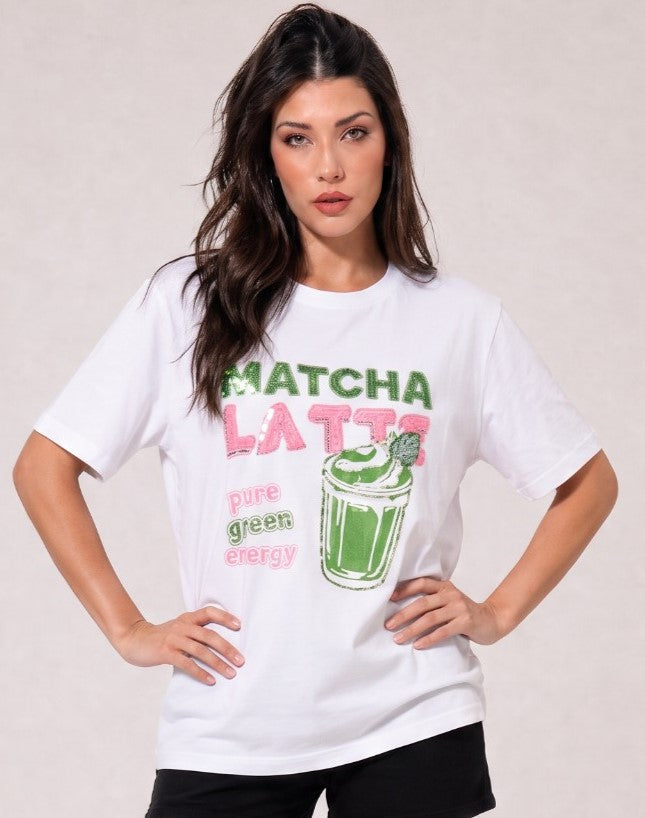 Women Matcha Latte Hand-Embroidery Cotton T-shirt
