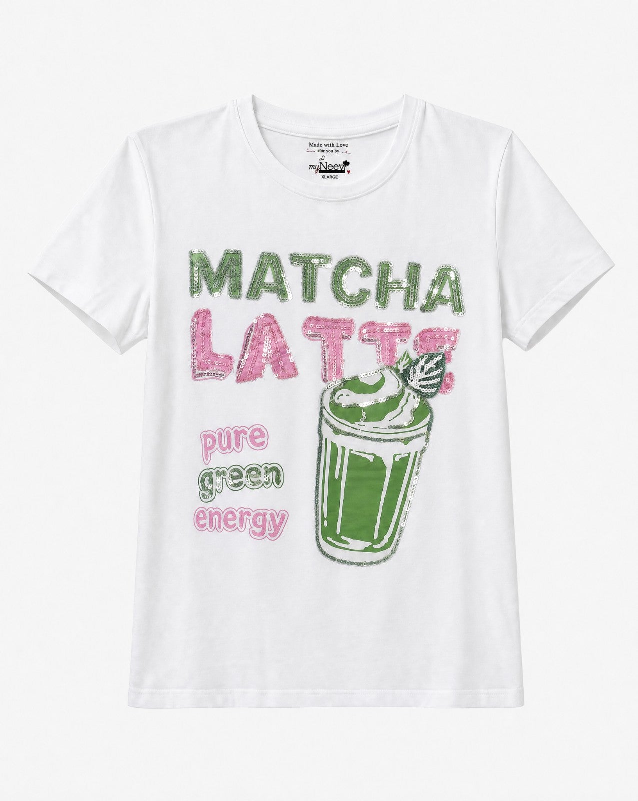 Women Matcha Latte Hand-Embroidery Cotton T-shirt
