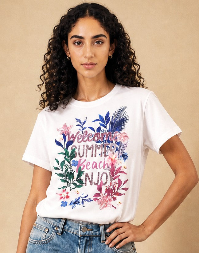 Women Welcome Summer Hand-Embroidery Cotton T-shirt