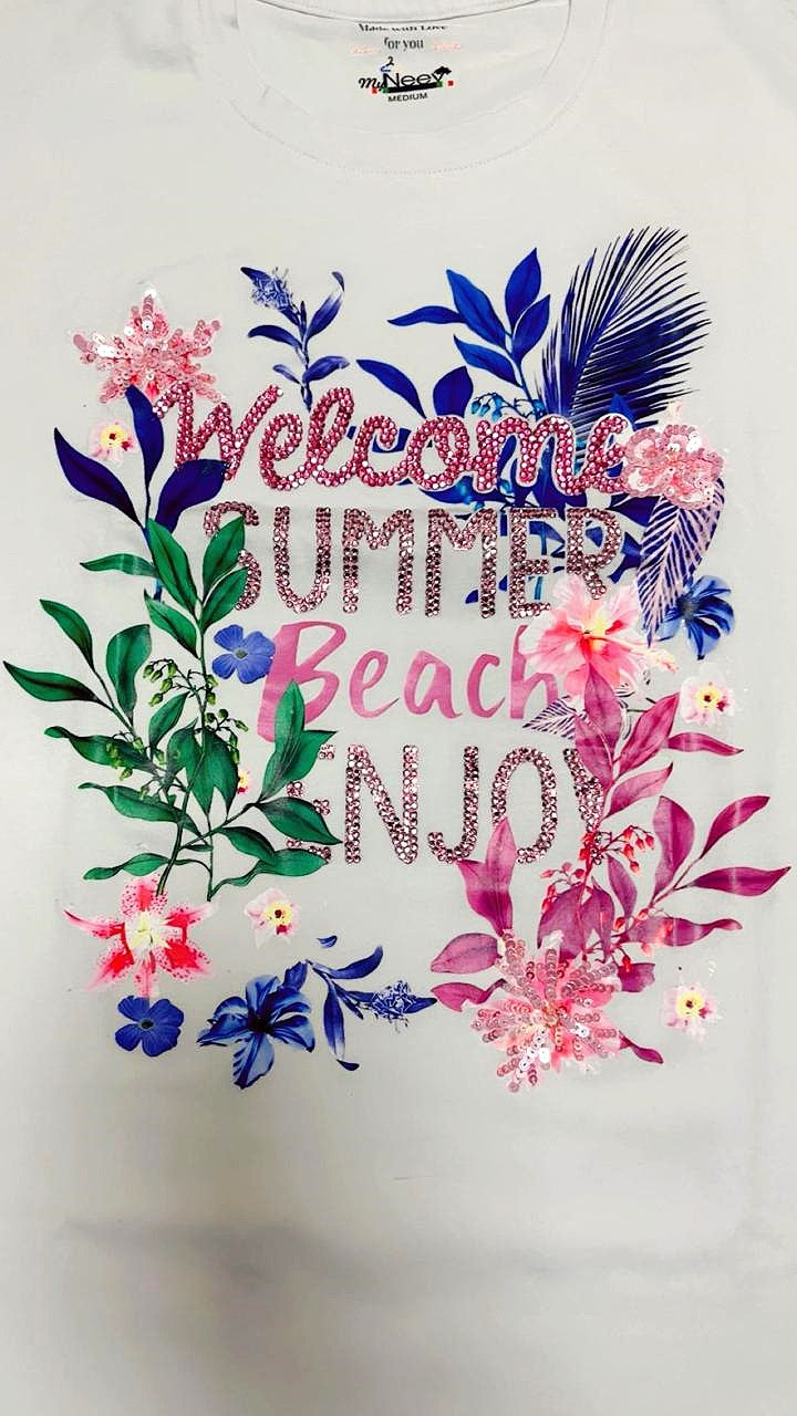 Women Welcome Summer Hand-Embroidery Cotton T-shirt