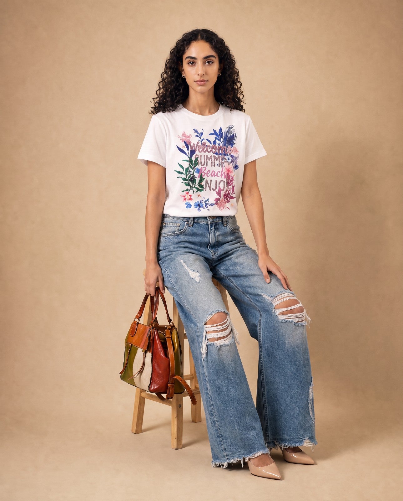 Women Welcome Summer Hand-Embroidery Cotton T-shirt