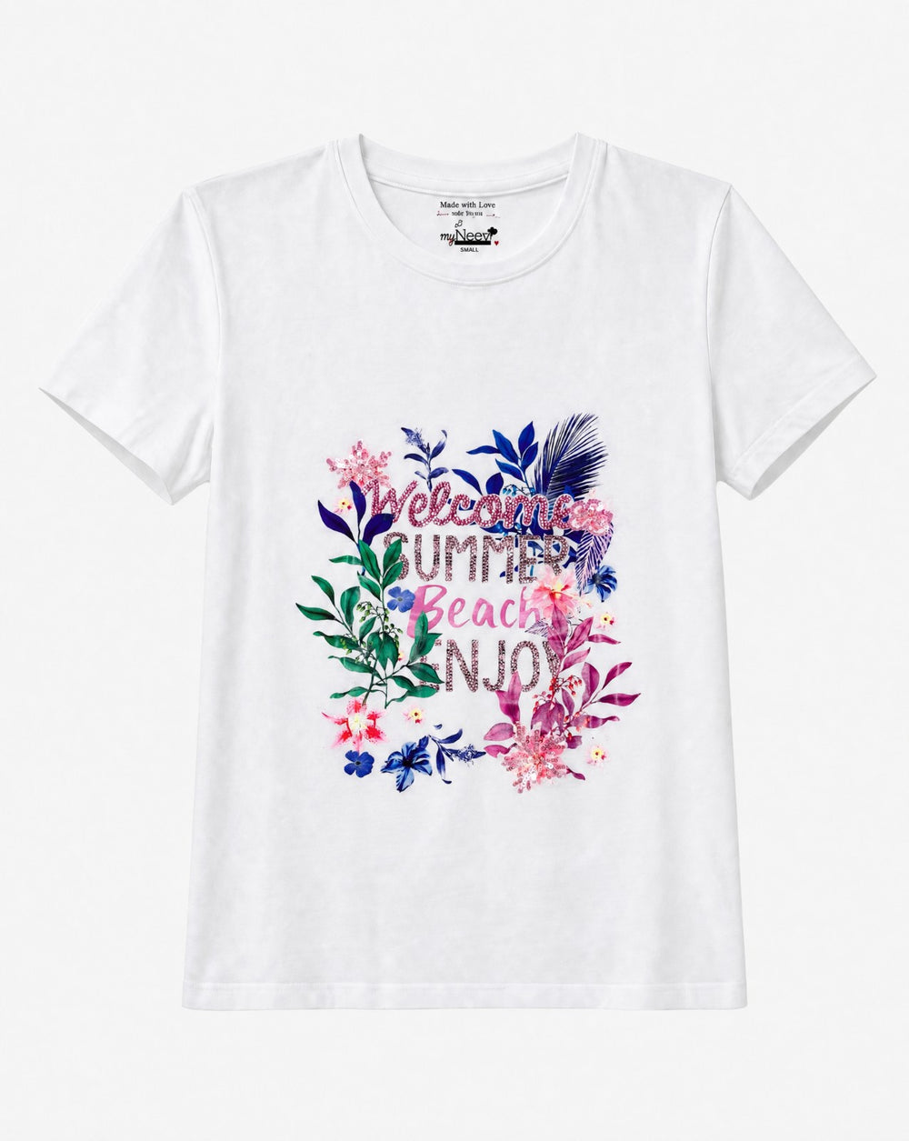 Women Welcome Summer Hand-Embroidery Cotton T-shirt