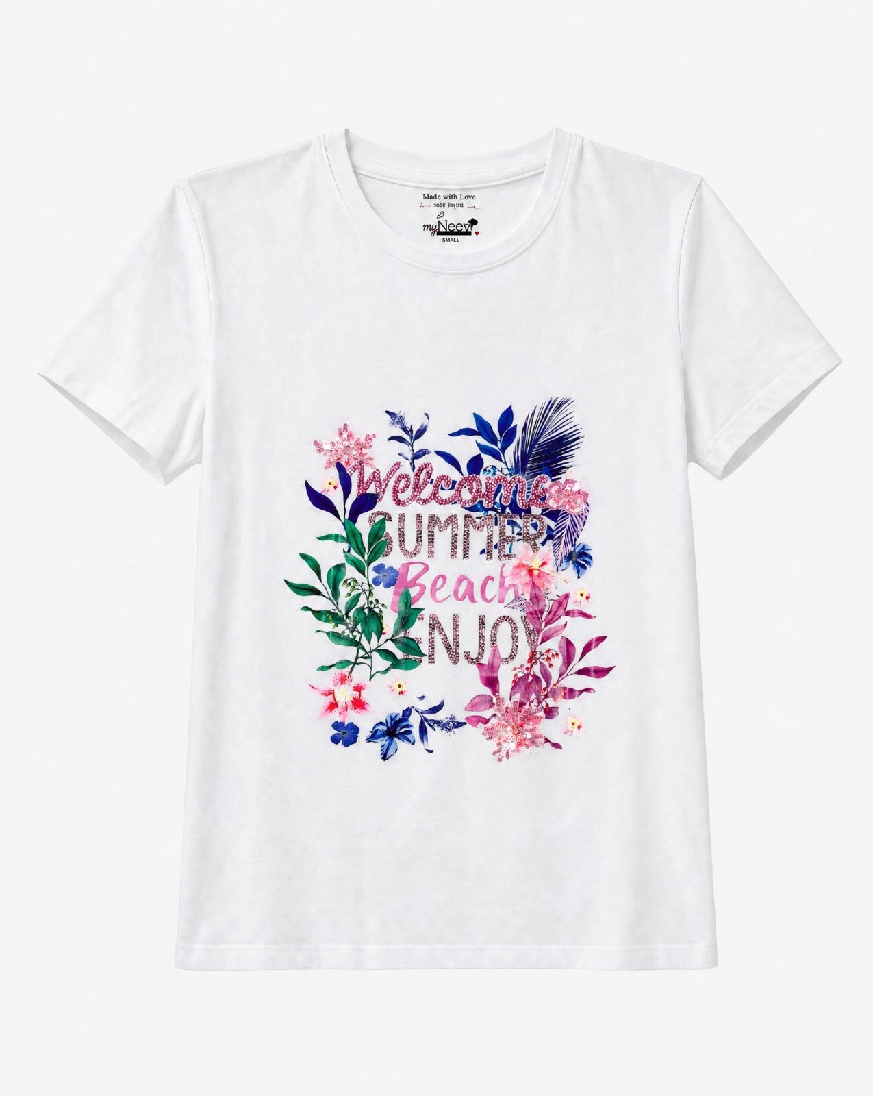 Women Welcome Summer Hand-Embroidery Cotton T-shirt