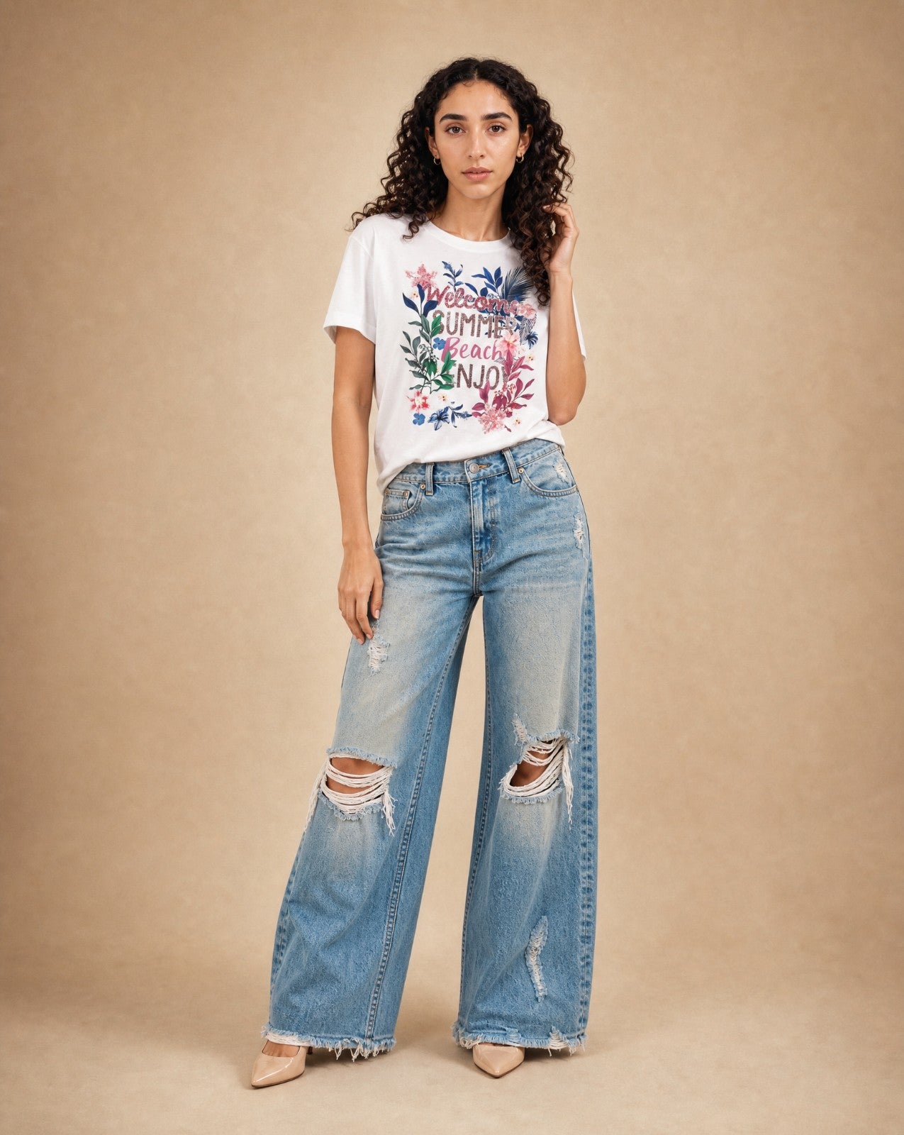 Women Welcome Summer Hand-Embroidery Cotton T-shirt