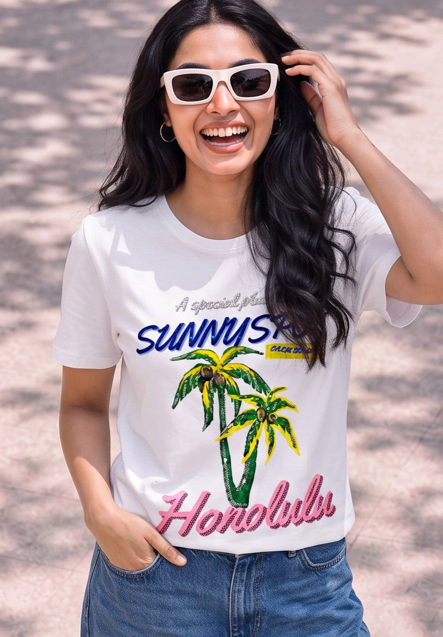 Women Honolulu Hand-Embroidered Cotton T-shirt