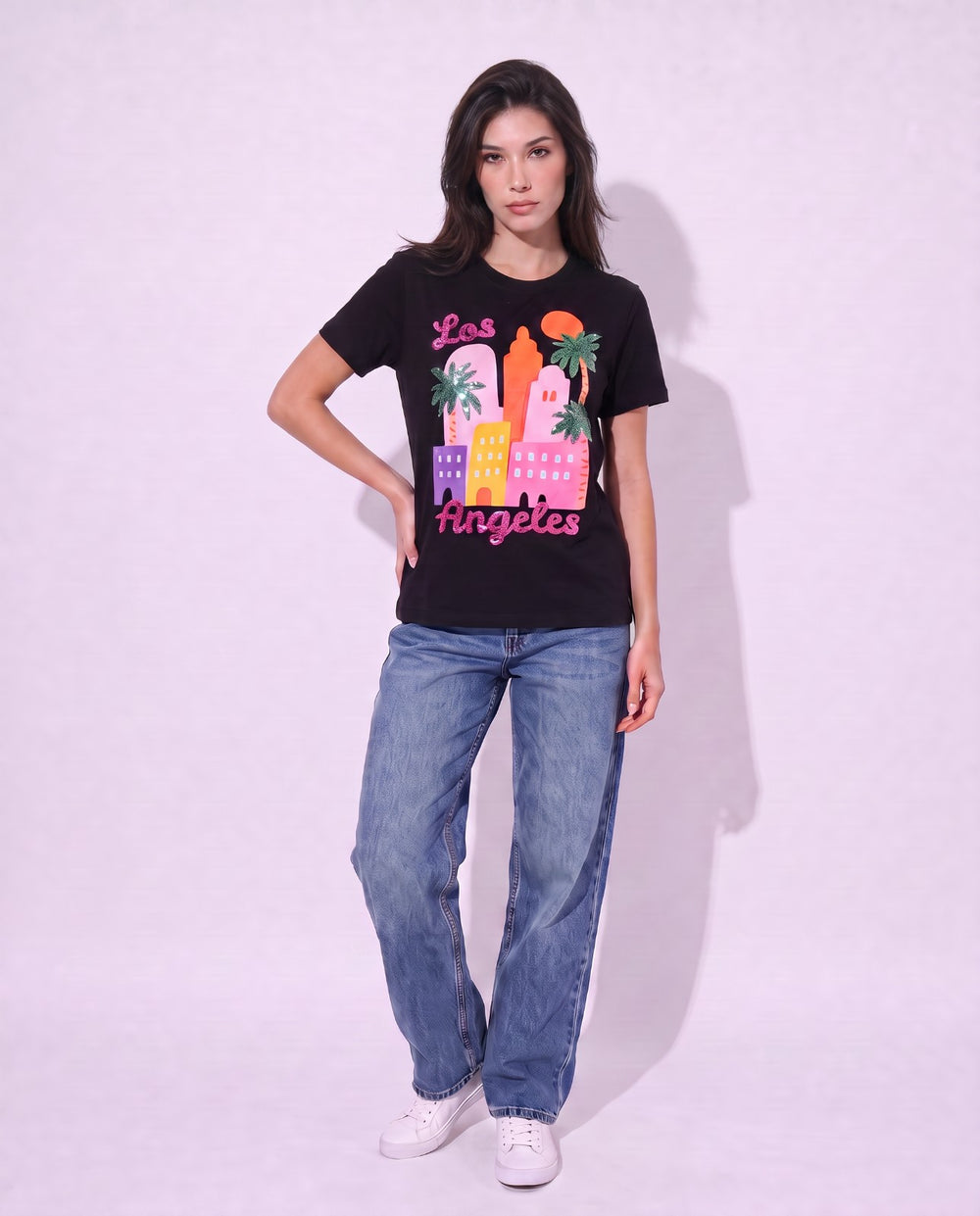 Women Los Angel's Hand-Embroidery Cotton T-shirt