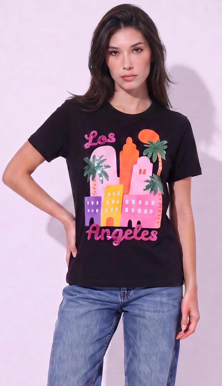Women Los Angel's Hand-Embroidery Cotton T-shirt