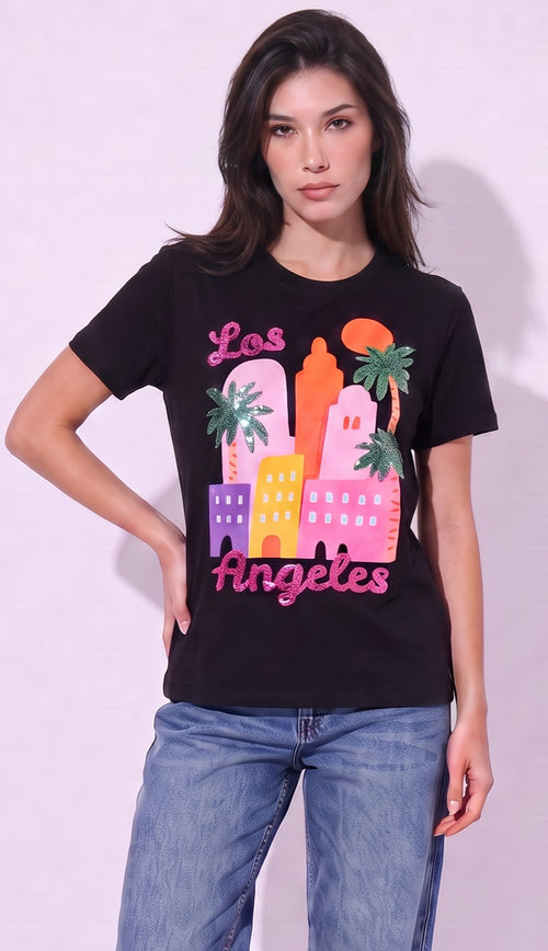 Women Los Angel's Hand-Embroidered Cotton T-shirt