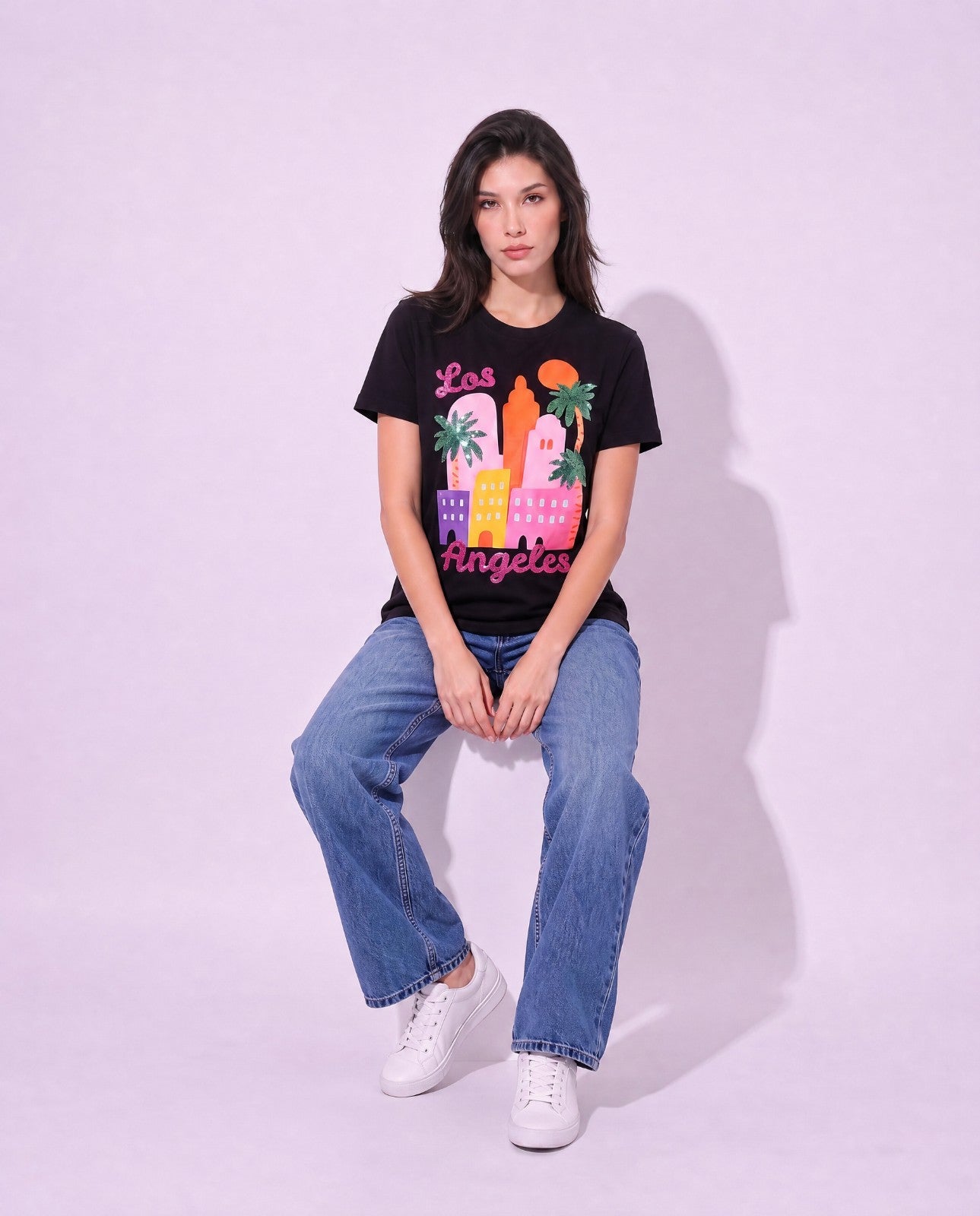Women Los Angel's Hand-Embroidery Cotton T-shirt