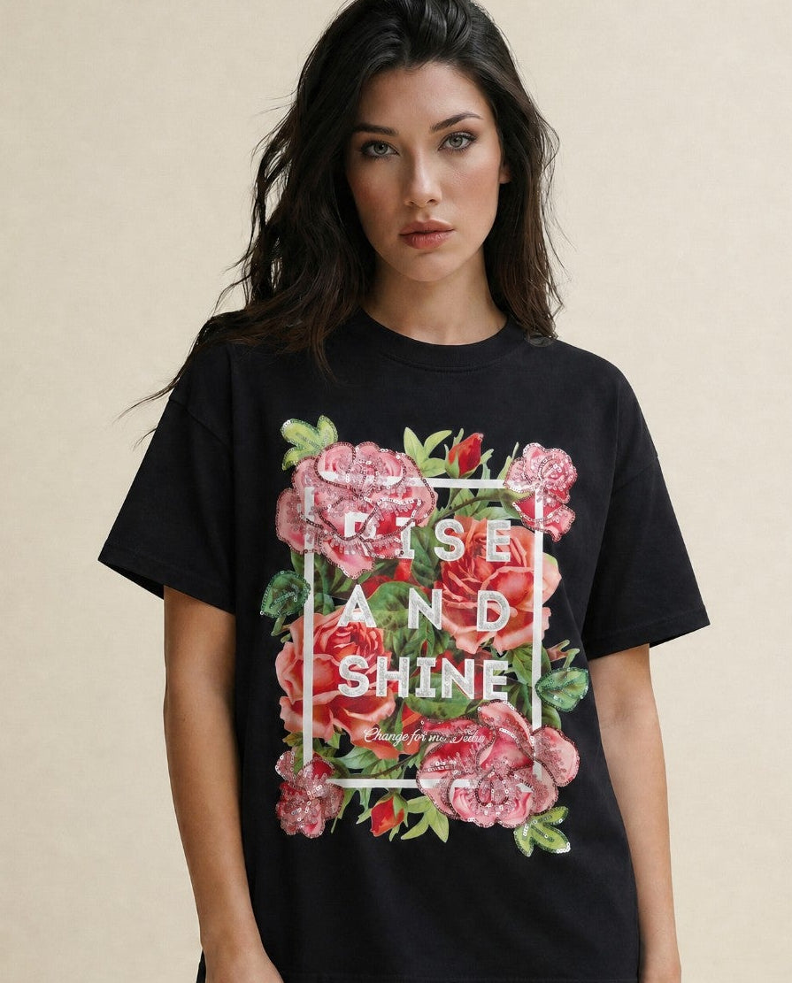 Women Rise And Shine Hand-Embroidered Cotton T-shirt