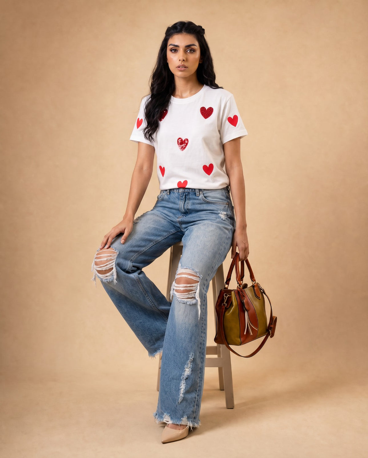 Women Heart Hand-Embroidered Cotton T-shirt