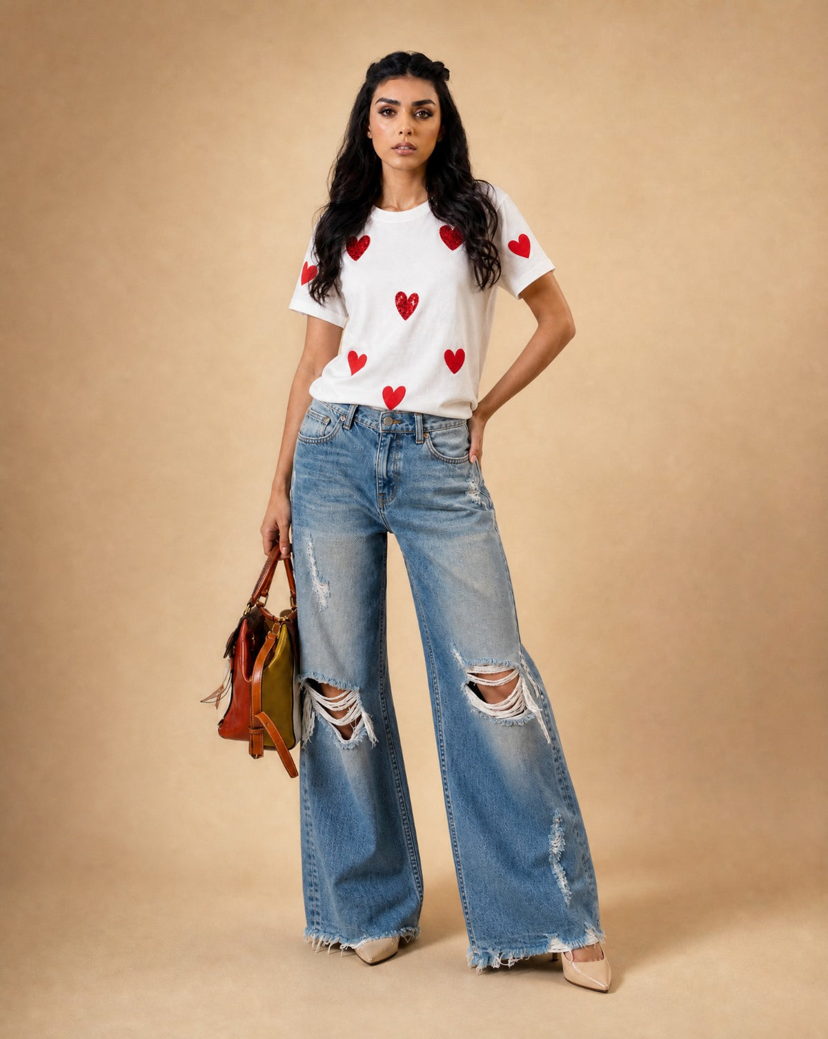 Women Heart Hand-Embroidered Cotton T-shirt