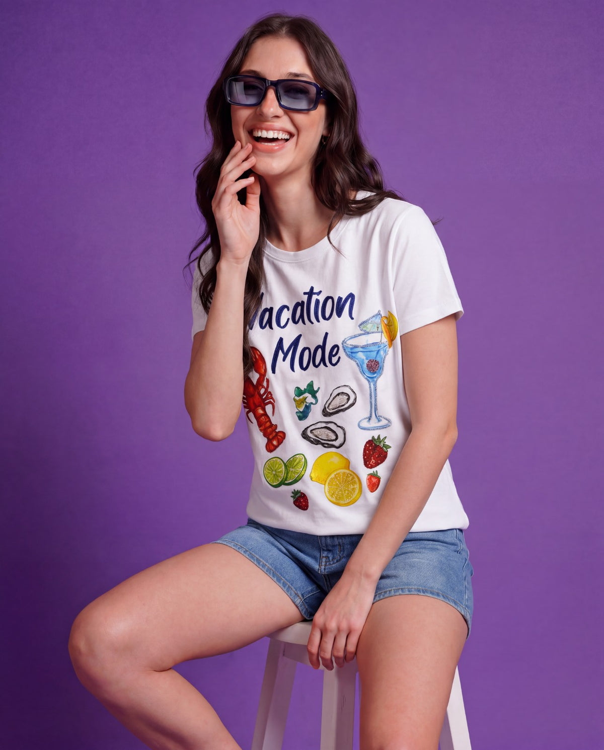 Women Vacation Mode Hand-Embroidered  Cotton T-shirt