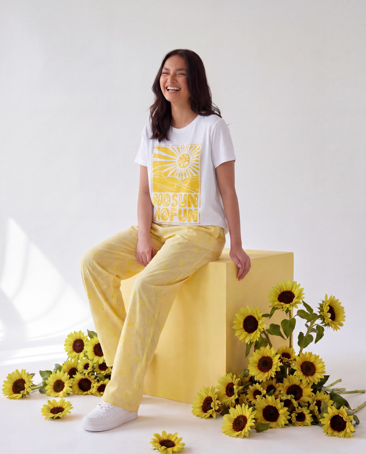 Women No Sun No Fun Hand-Embroidered  Cotton T-shirt