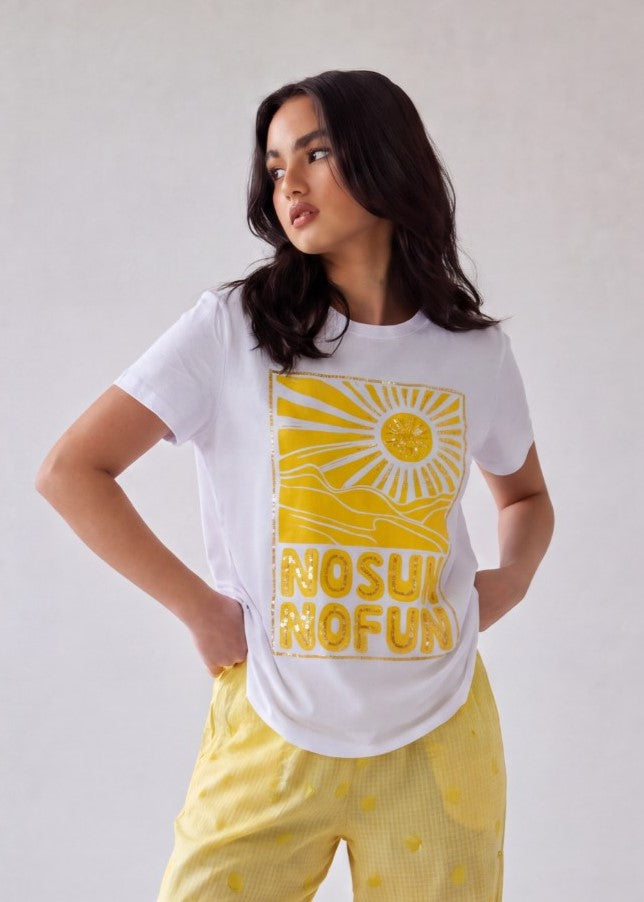 Women No Sun No Fun Hand-Embroidered  Cotton T-shirt