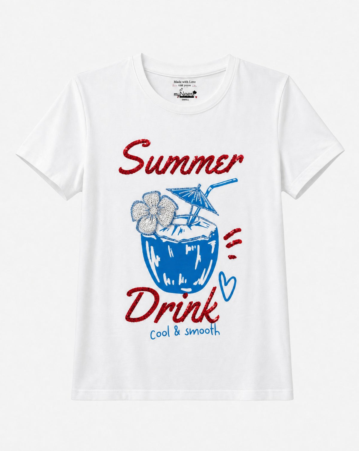 Women Summer Drink Hand-Embroidered Cotton T-shirt