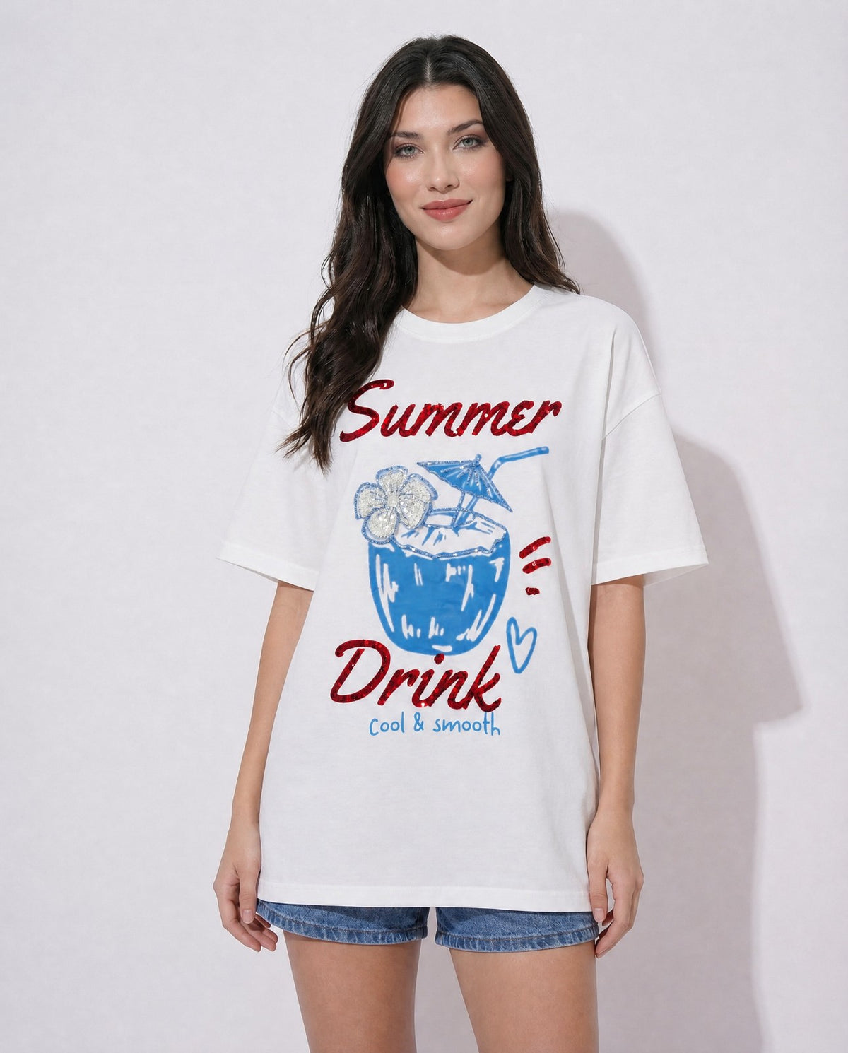 Women Summer Drink Hand-Embroidered Cotton T-shirt