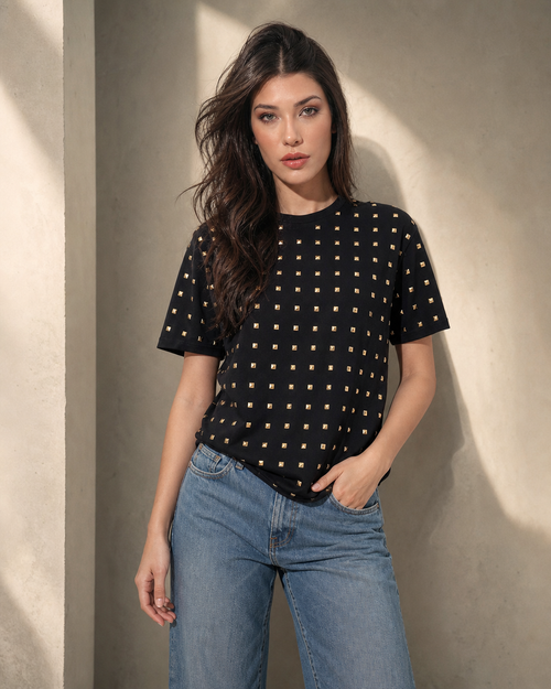 Crystal Embellished Round Neck Cotton Regular T-shirt