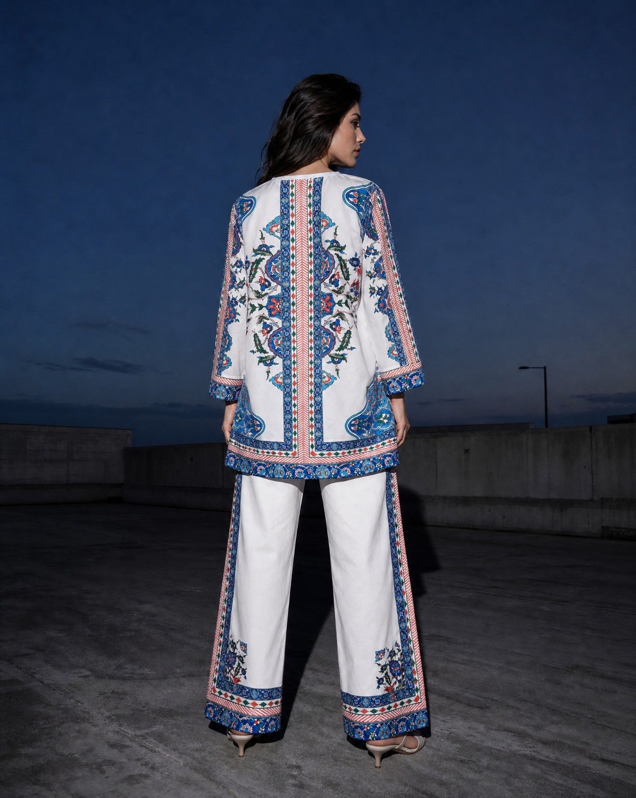 Women Middle Eastern Design Blue Lycra Co-ord Set