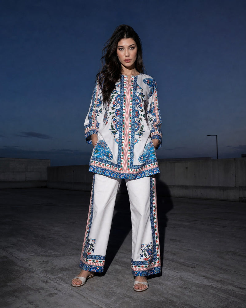 Women Middle Eastern Design Blue Lycra Co-ord Set