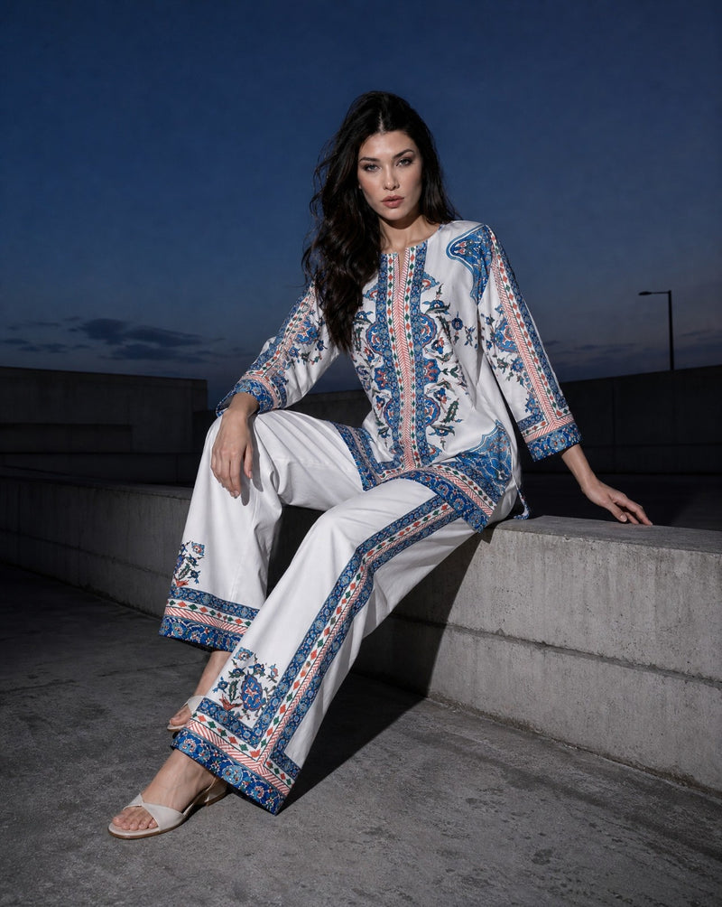 Women Middle Eastern Design Blue Lycra Co-ord Set