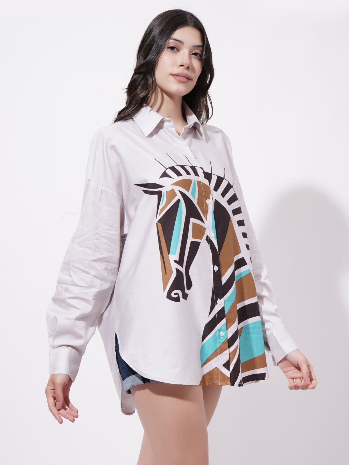 Women Digitally Printed Posterique Oversized Cotton Shirt