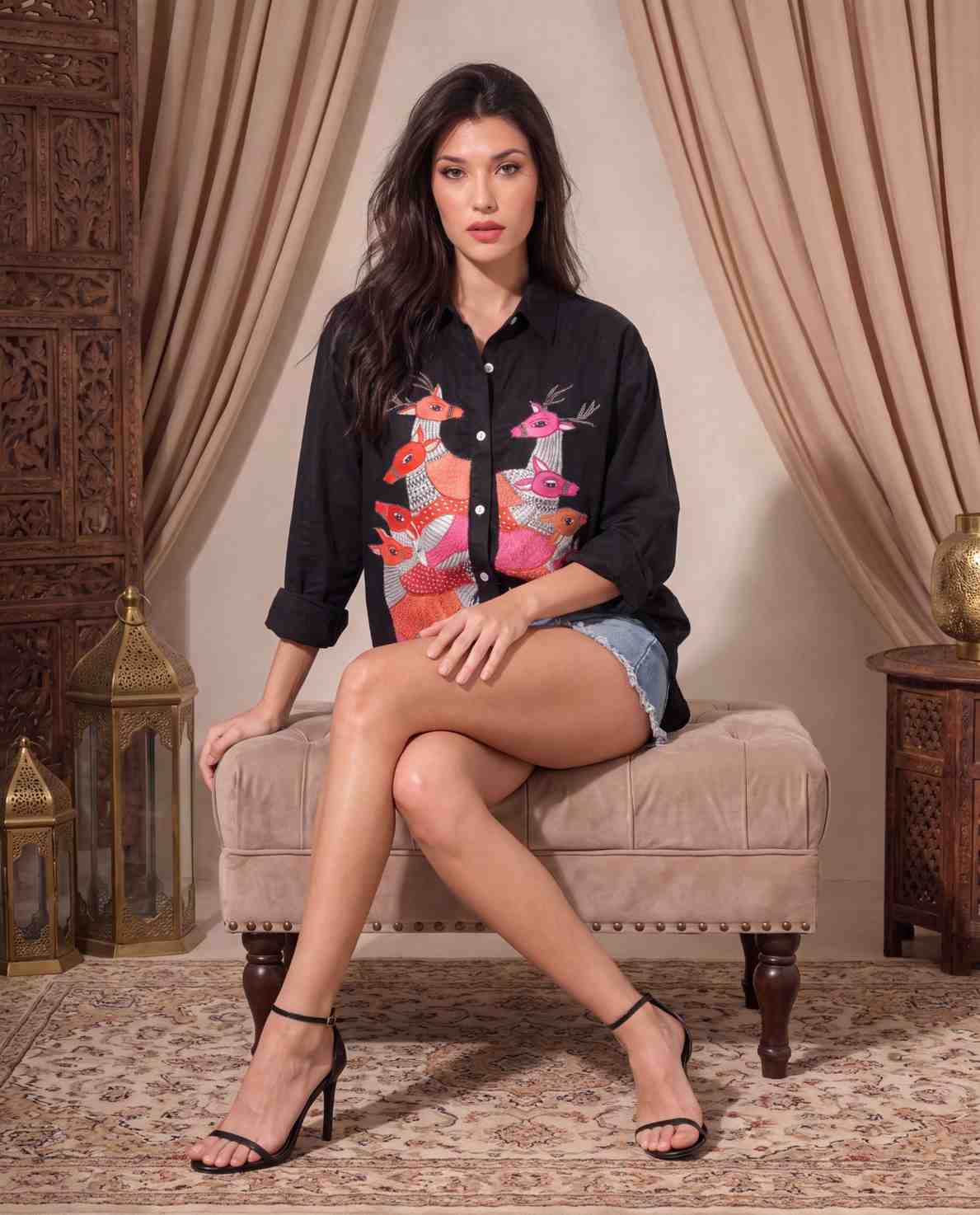 Woman Cotton  Satin Oversized Black Artwork Embroidered  Shirt